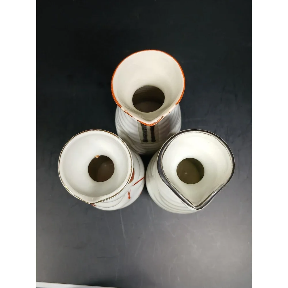 Vintage Japanese Porcelain Sake Bottle Set Calligraphy Ribbed Design